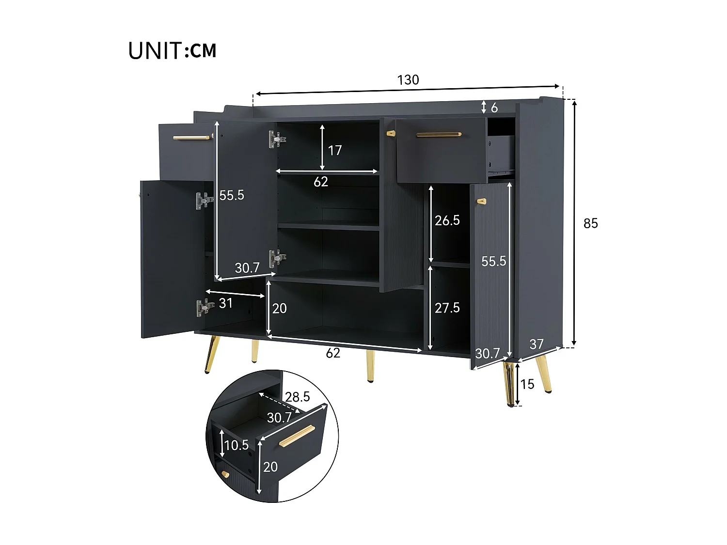 Meuble à chaussures - 2 tiroirs + 4 portes + compartiment ouvert - Noir