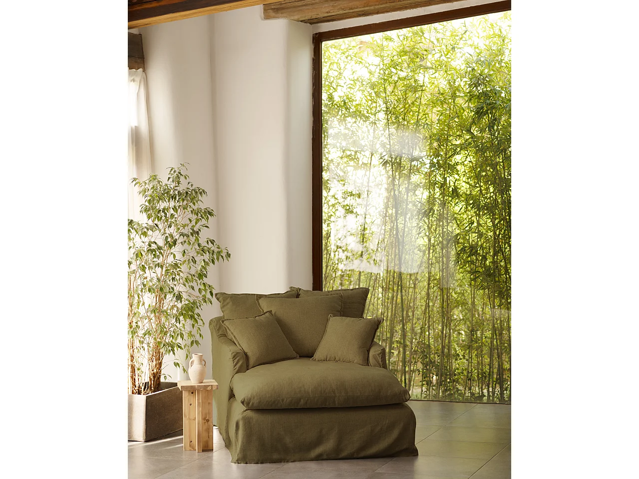 Sillón de algodón y lino color verde 115x170cm - MIA - DECOWOOD