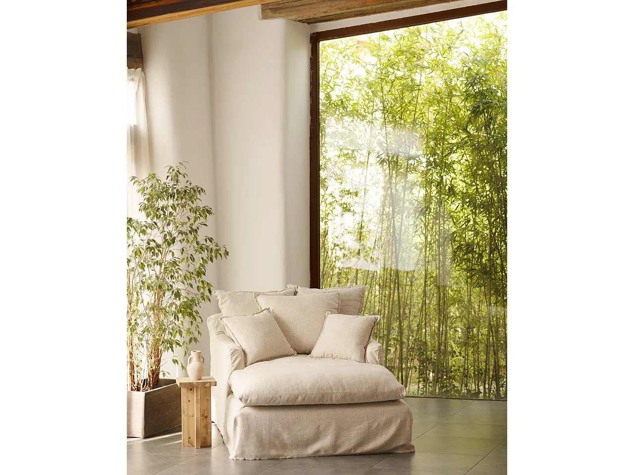 Sillón de algodón y lino color beige 115x170cm - MIA - DECOWOOD