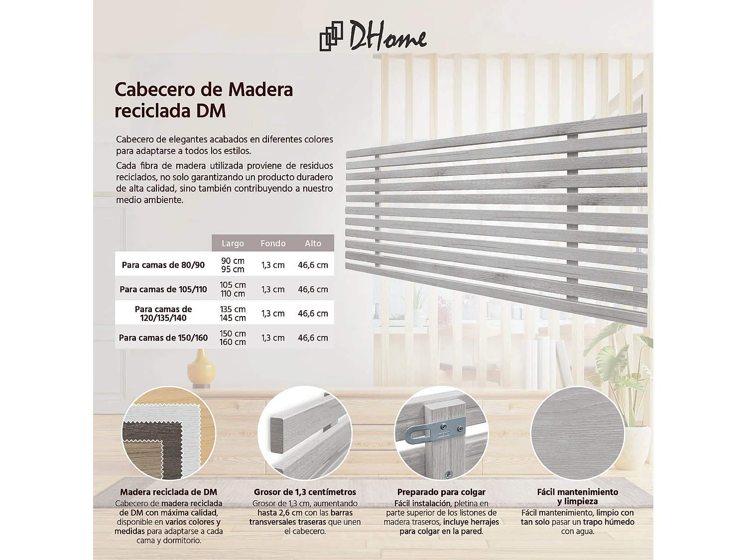 DHOME Hoofdeinde van gerecycled hout Dm Japanse palletstijl 80x46cm bedden 80/90 - Arctic