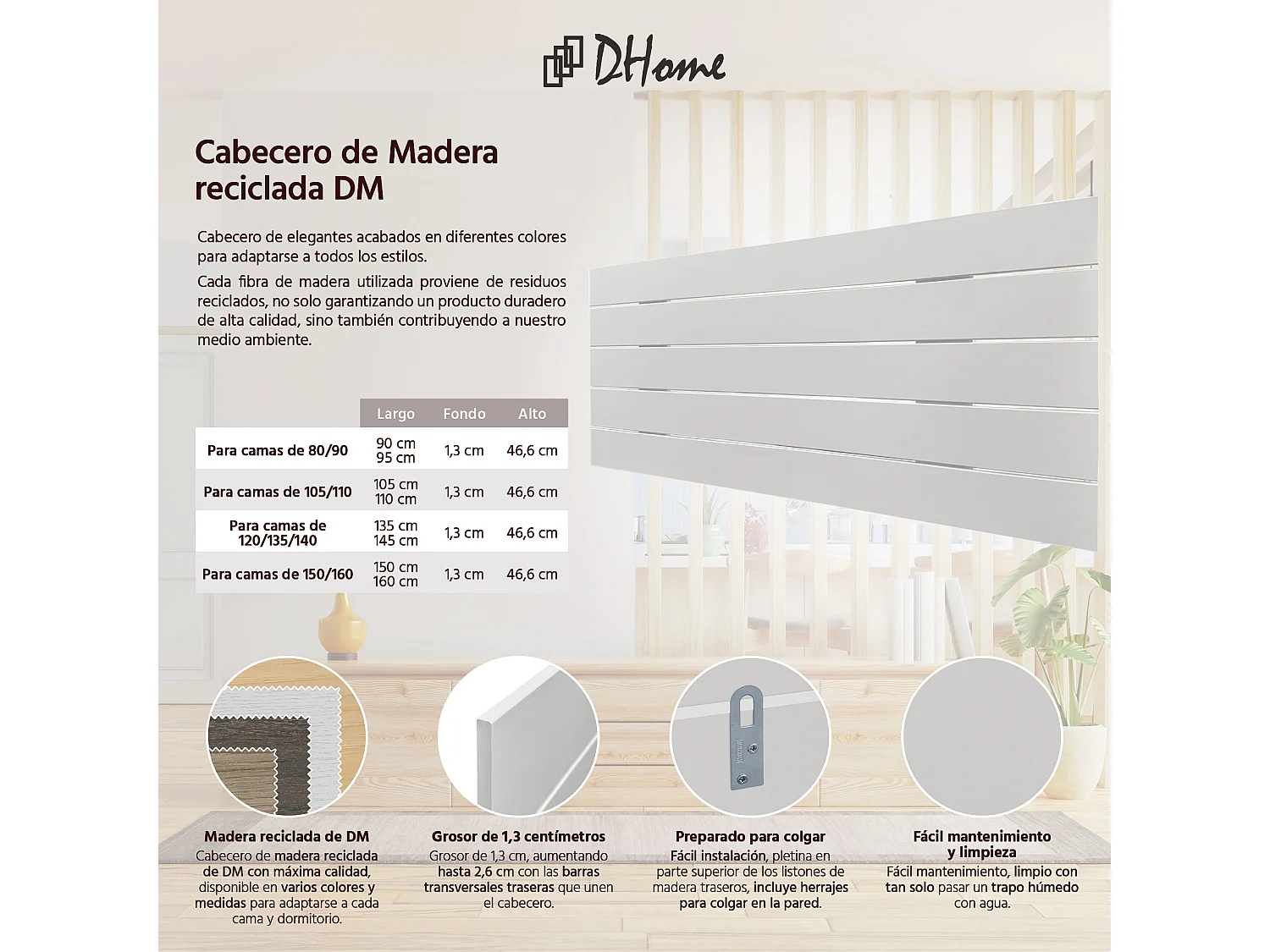DHOME Tête de Lit Bois Recyclé Dm Style Palette Horizontale 80x46cm Lits 80/90 - Blanc Massif