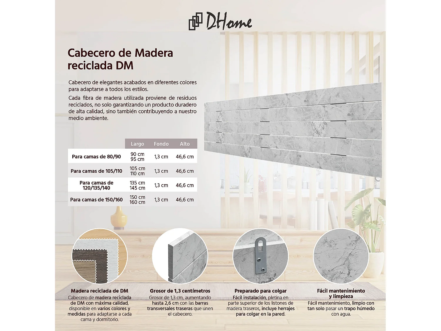DHOME Tête de Lit Bois Recyclé Dm Style Palette Horizontale 160x46cm Lits 150/160 - Finition Marbre