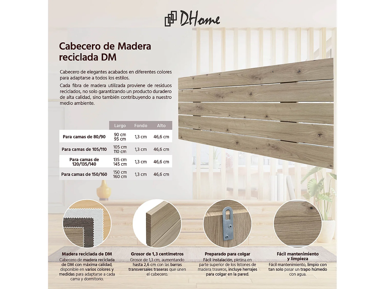 DHOME Tête de Lit Bois Recyclé Dm Style Palette Horizontale 95x46cm Lits 80/90 - Chêne