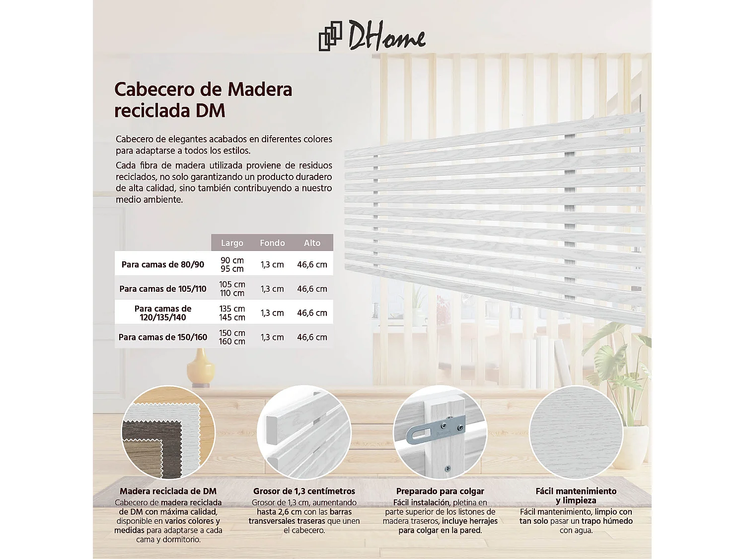 DHOME Hoofdeinde van gerecycled hout Dm Japanse palletstijl 80x46cm bedden 80/90 - Wit hout