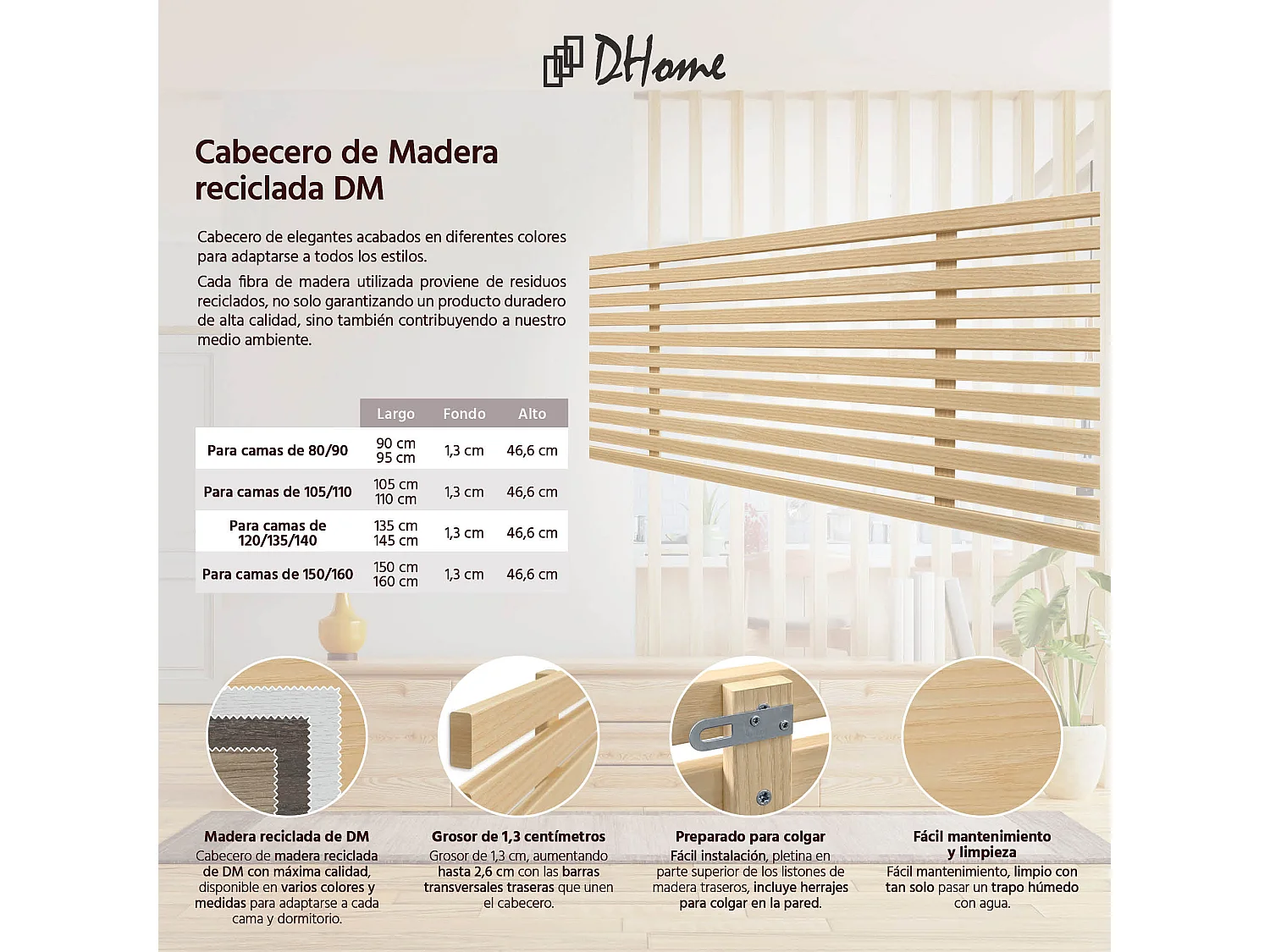 DHOME Kopfteil aus recyceltem Holz, Dm, japanischer Palettenstil, 80 x 46 cm, Betten 80/90 – Naturholz