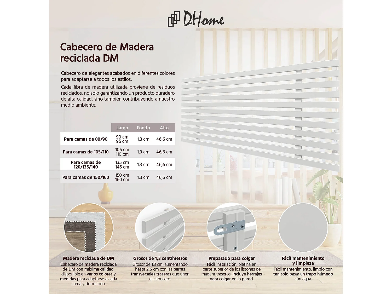 DHOME Hoofdeinde van gerecycled hout Dm Japanse palletstijl 80x46cm bedden 80/90 - Effen wit