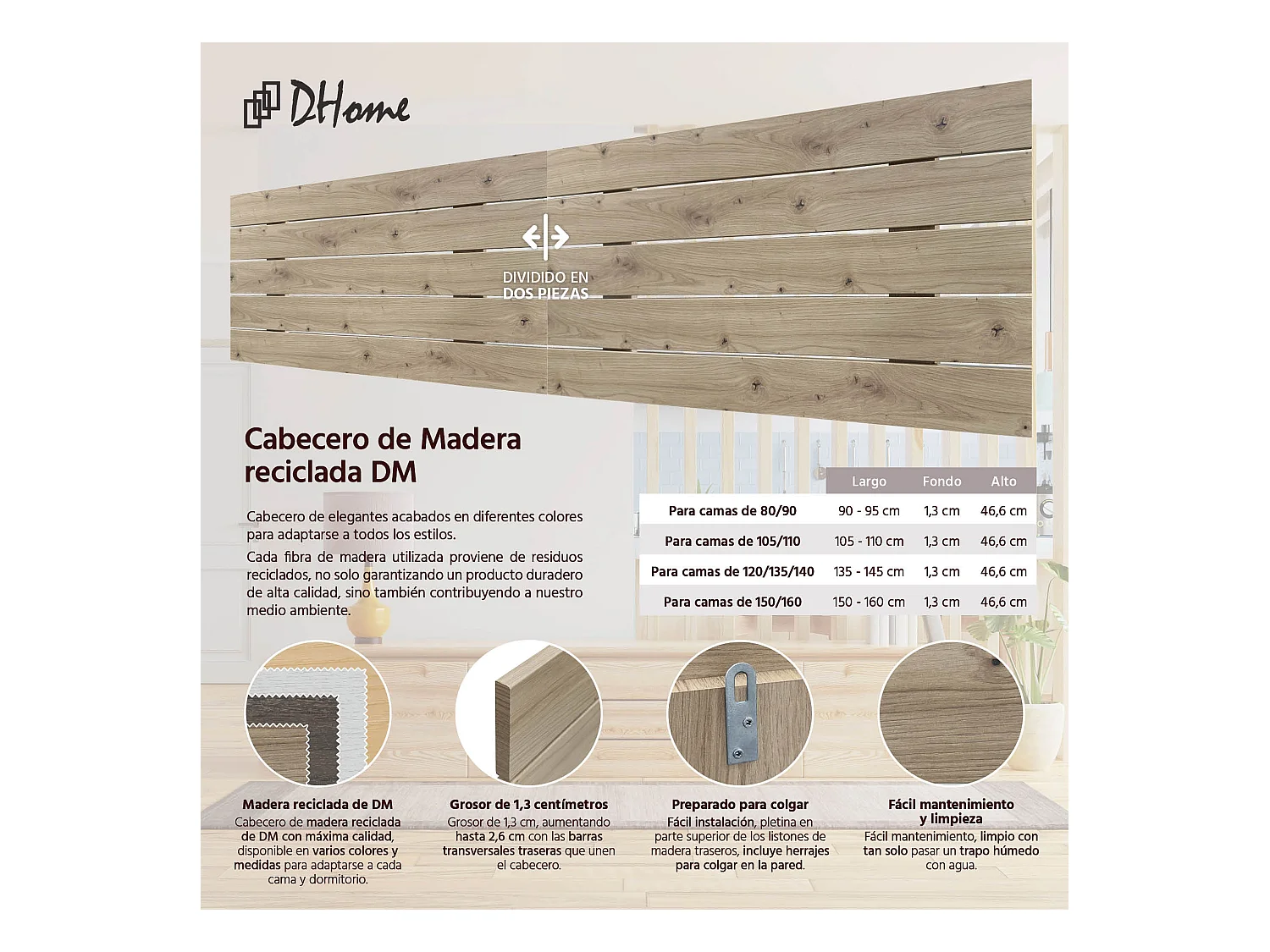 DHOME DM-hoofdeinde van gerecycled hout Dubbele Horizontale Palletstijl Verdeeld in 2 Stukken 210x46cm Bedden 220 - Eiken