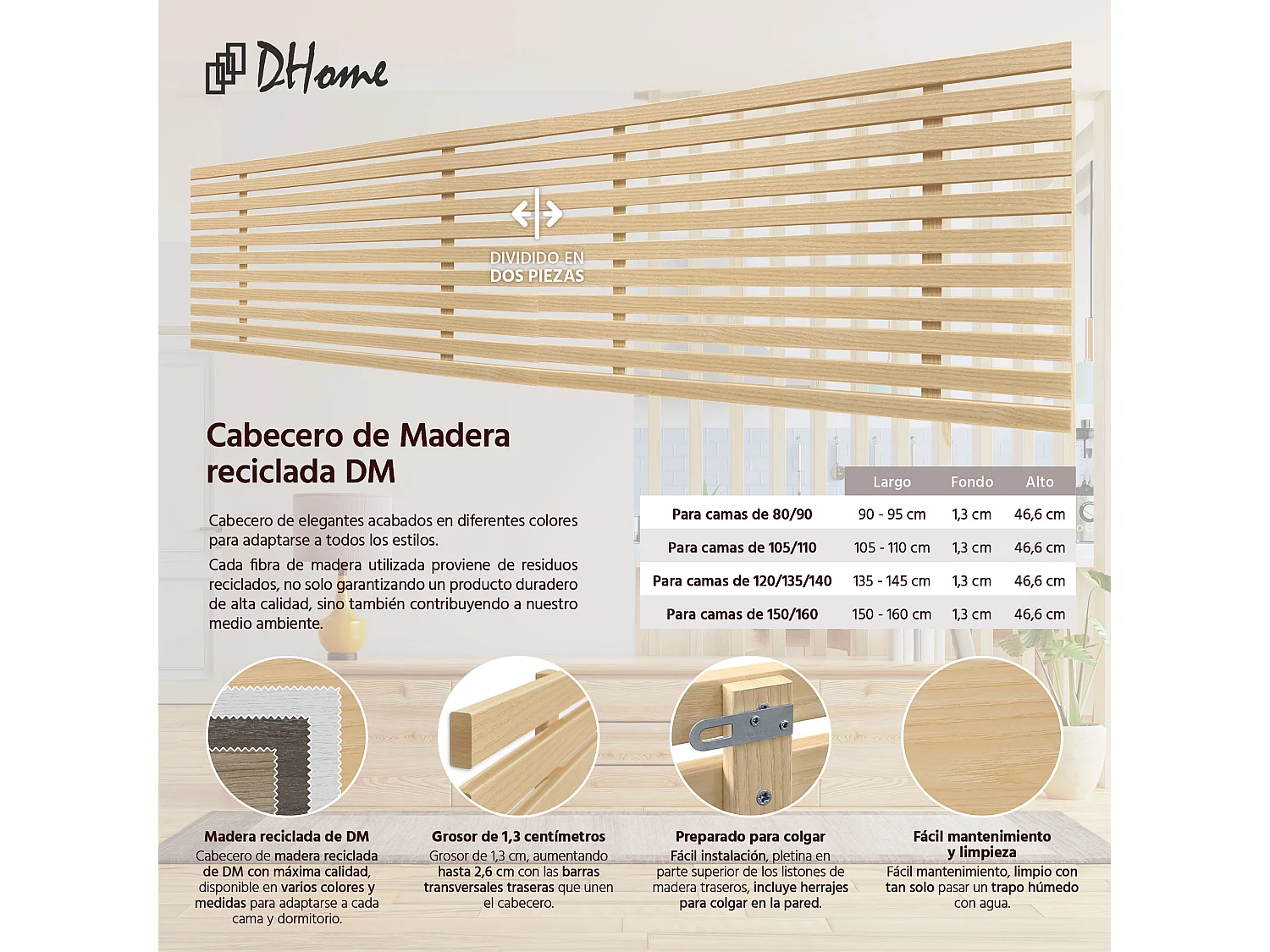 DHOME DM-Kopfteil aus recyceltem Holz, doppelter japanischer Palettenstil, unterteilt in 2 Teile, 160 x 46 cm, Betten 160 – Naturholz