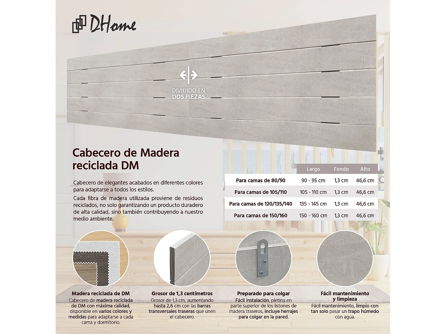 DHOME DM-Kopfteil aus recyceltem Holz, doppelter horizontaler Palettenstil, unterteilt in 2 Teile, 220 x 46 cm, Betten 220 – Stammesgrau