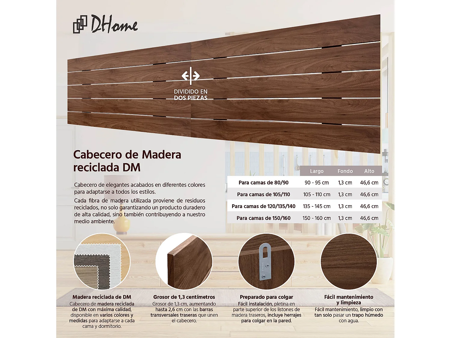 DHOME Tête de Lit en Bois DM Recyclé Double Style Palette Horizontale 190x46cm Lits 190 - Bois de Noyer