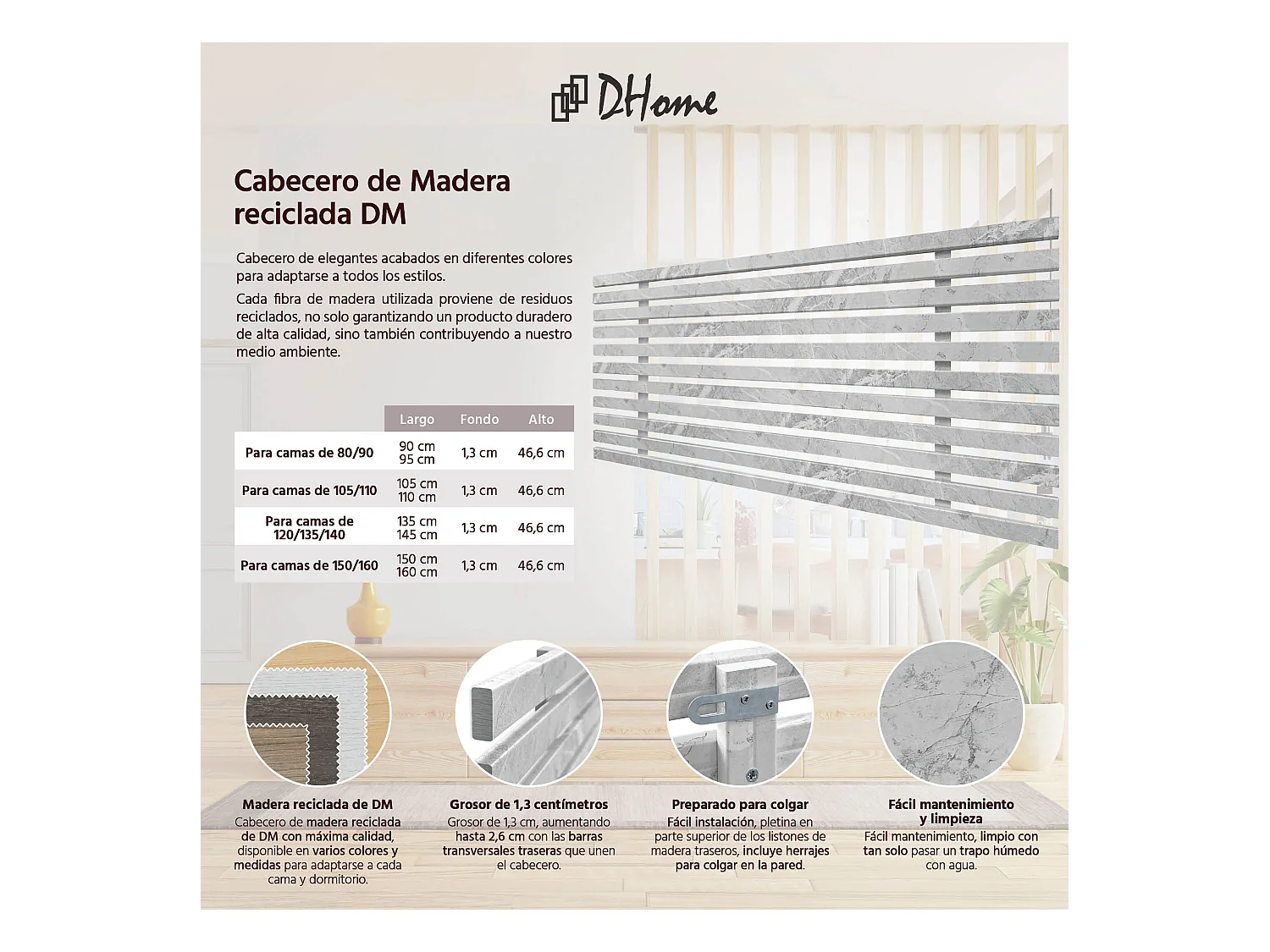 DHOME Kopfteil aus recyceltem Holz, Dm, japanischer Palettenstil, 110 x 46 cm, Bett 105 – Marmor-Finish