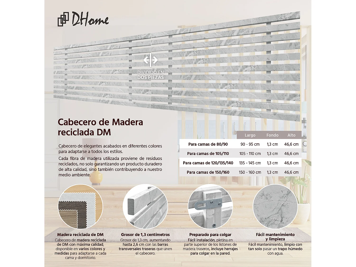 13. DHOME Tête de Lit DM Bois Recyclé Double Style Palette Japonaise Divisée en 2 Pièces 160x46cm Lits 160 - Finition Marbre