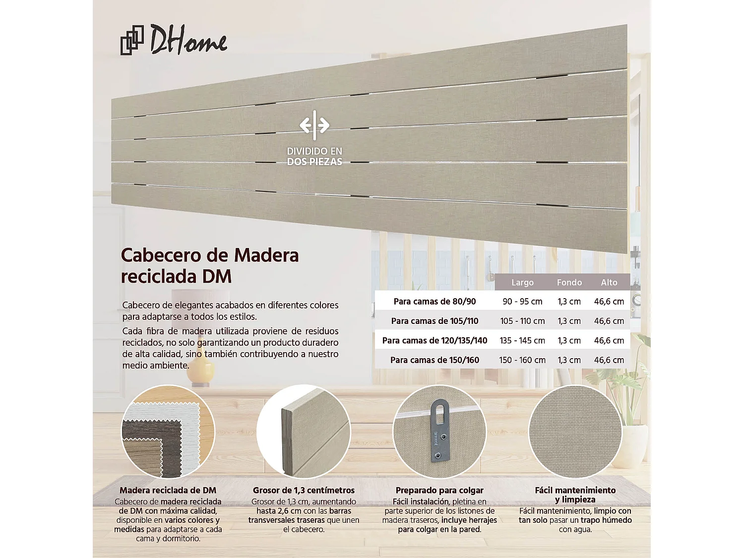 DHOME Cabeceira de Madeira Reciclada DM Estilo Palete Horizontal Dupla Dividida em 2 Peças 190X46cm Camas 190 - Acabamento em Linho