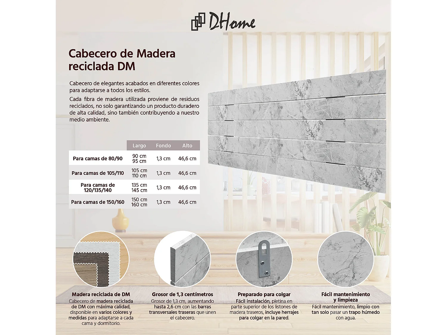 DHOME Kopfteil aus recyceltem Holz, Dm, horizontal, Palettenstil, 95 x 46 cm, Betten 80/90 – Marmor-Finish