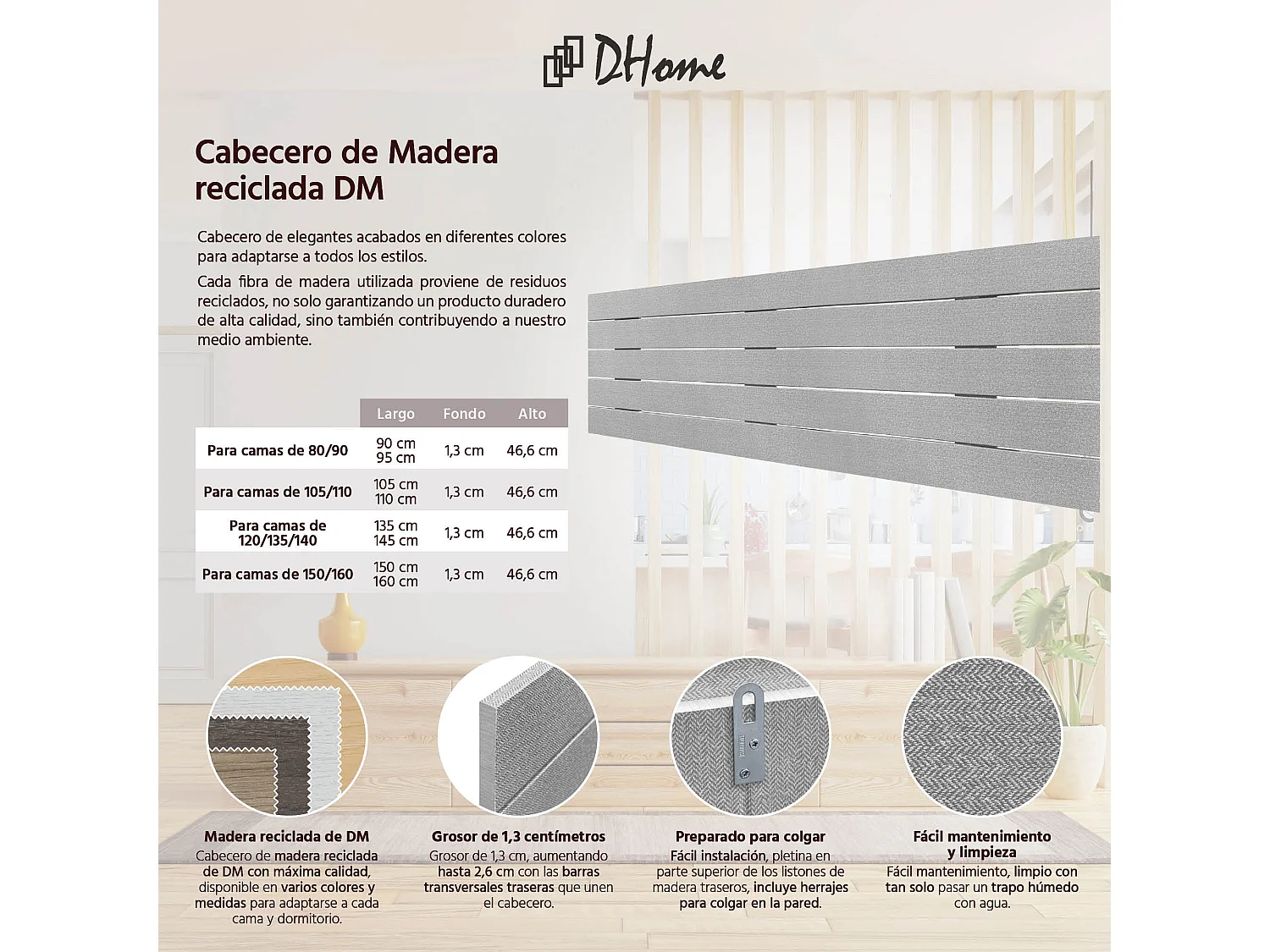 DHOME Tête de Lit Bois Recyclé Dm Style Palette Horizontale 150x46cm Lits 150/160 - Pointes Grises