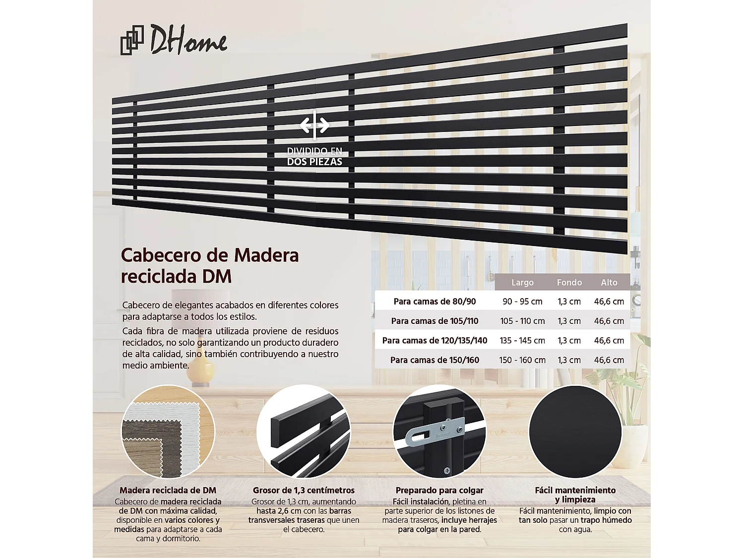 8. DHOME Tête de Lit DM Bois Recyclé Double Style Palette Japonaise Divisée en 2 Pièces 210x46cm Lits 220 - Noir Massif