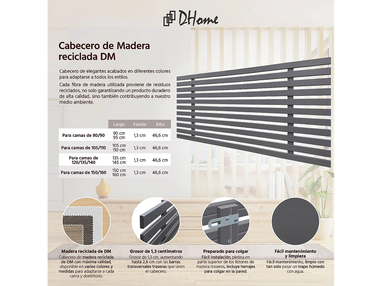 DHOME Kopfteil aus recyceltem Holz Dm im japanischen Palettenstil 80 x 46 cm für Betten 80/90 – Massives Grau