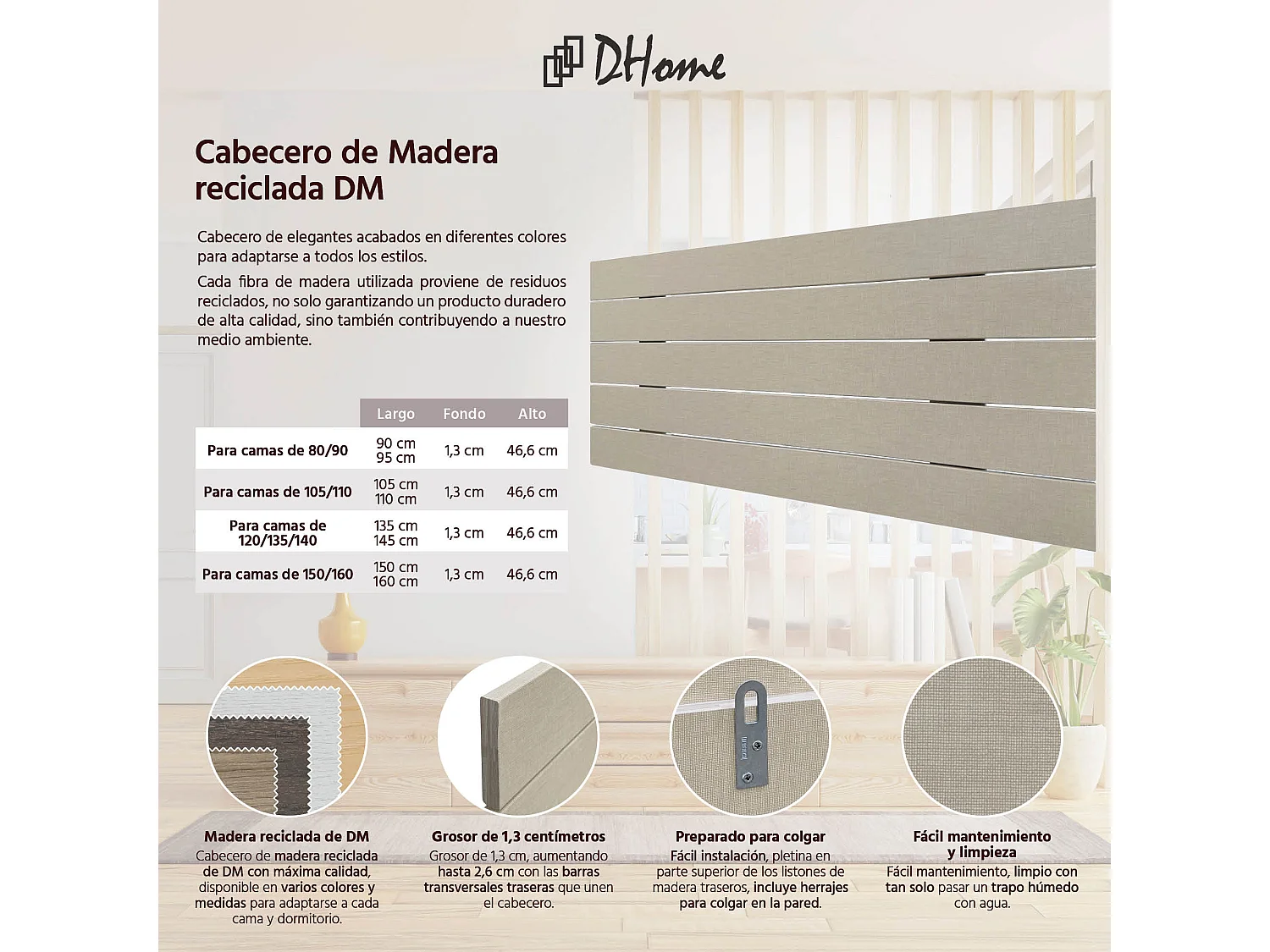 DHOME Kopfteil aus recyceltem Holz, Dm, horizontal, Palettenstil, 90 x 46 cm, Betten 80/90 – Leinen-Finish