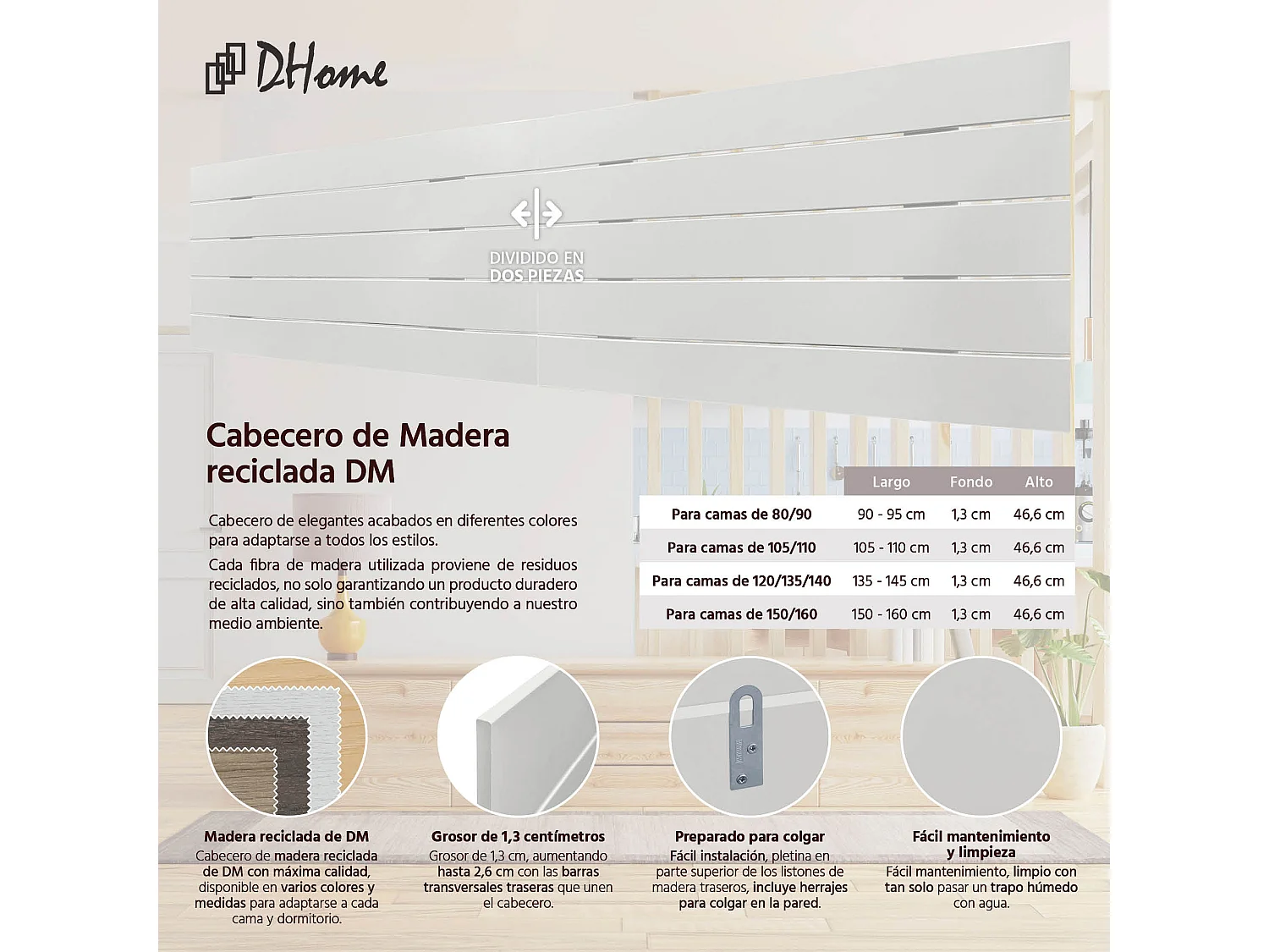 DHOME Testiera DM in Legno Riciclato Doppio Pallet Orizzontale Diviso in 2 Pezzi 160X46 cm Letti 160 - Bianco Solido