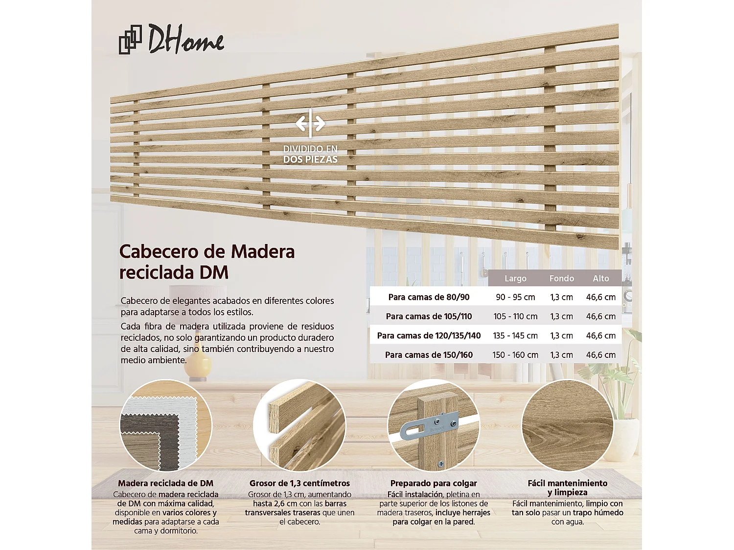 4. DHOME Tête de Lit DM Bois Recyclé Double Style Palette Japonaise Divisée en 2 Pièces 190x46cm Lits 190 - Bois Cambrien