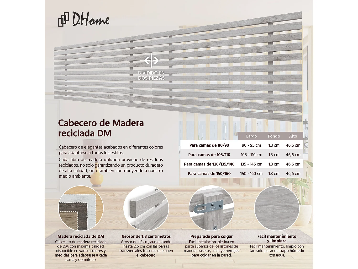 1. DHOME Tête de Lit DM Bois Recyclé Double Style Palette Japonaise Divisée en 2 Pièces 160x46cm Lits 160 - Arctique