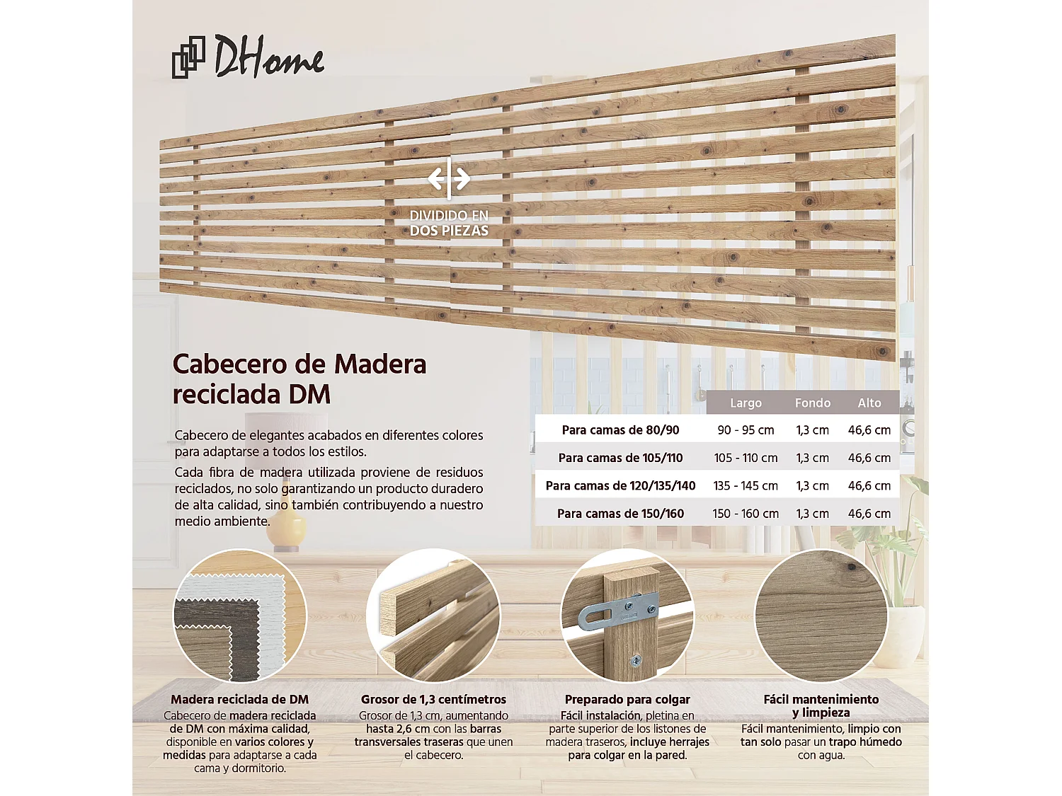 10. DHOME Tête de Lit DM Bois Recyclé Double Style Palette Japonaise Divisée en 2 Pièces 180x46cm Lits 180 - Chêne