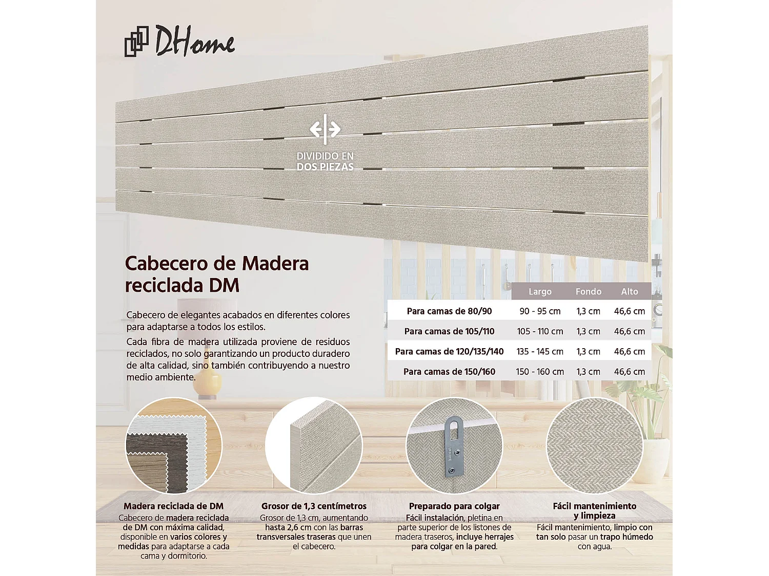 DHOME Tête de Lit en Bois DM Recyclé Double Style Palette Horizontale 180x46cm Lits 180 - Pointes Beiges