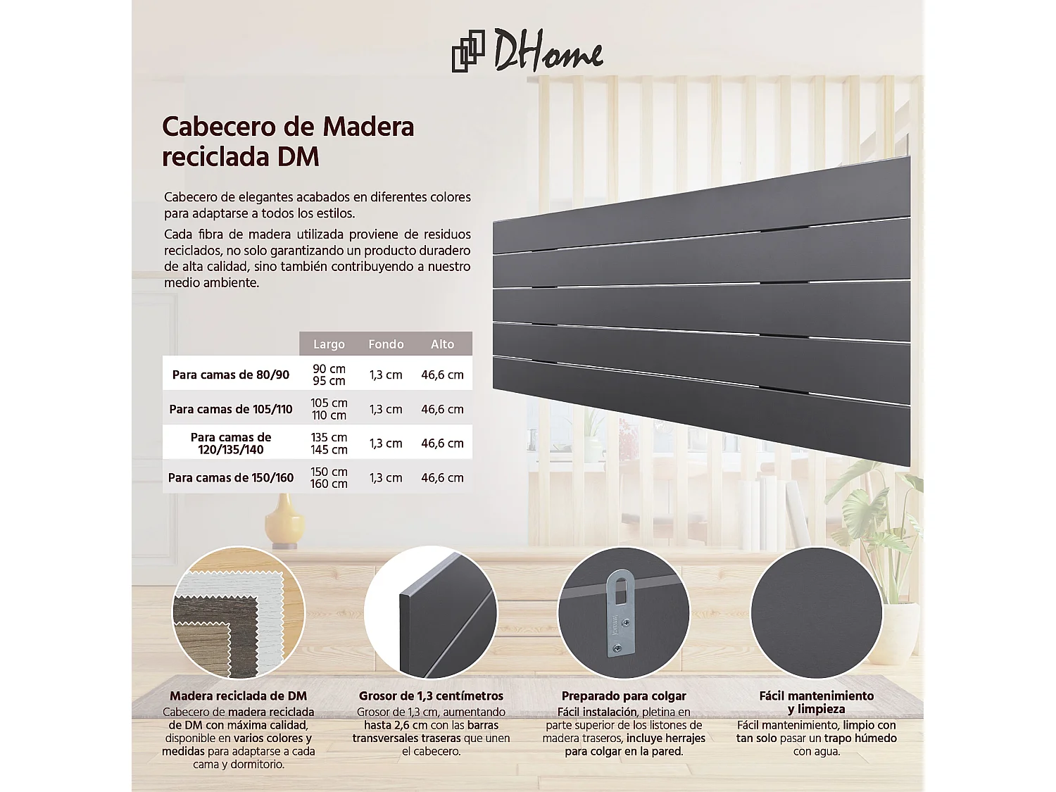 DHOME Tête de Lit Bois Recyclé Dm Style Palette Horizontale 80x46cm Lits 80/90 - Gris Massif