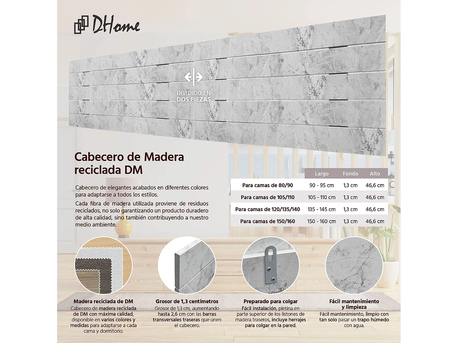 DHOME Cabeceira de Madeira Reciclada DM Estilo Palete Horizontal Dupla Dividida em 2 Peças 210X46cm Camas 220 - Acabamento em Mármore