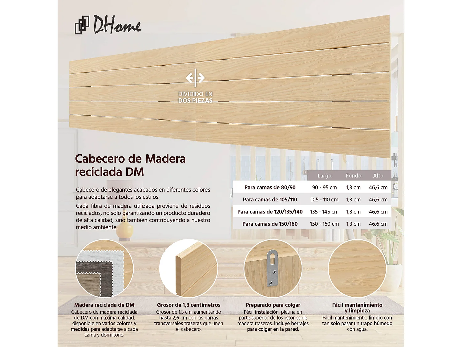 DHOME Tête de Lit en Bois DM Recyclé Double Style Palette Horizontale 220x46cm Lits 220 - Bois Naturel