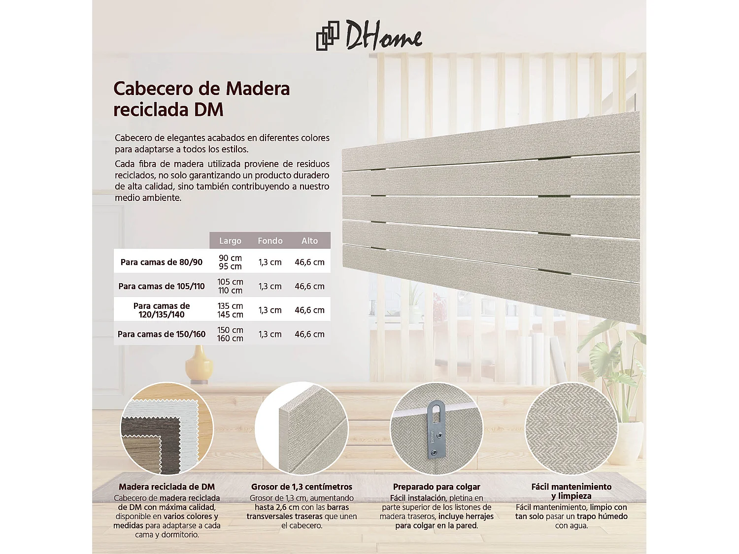 DHOME Tête de Lit Bois Recyclé Dm Style Palette Horizontale 110x46 cm Lit 105 - Pointes Beige