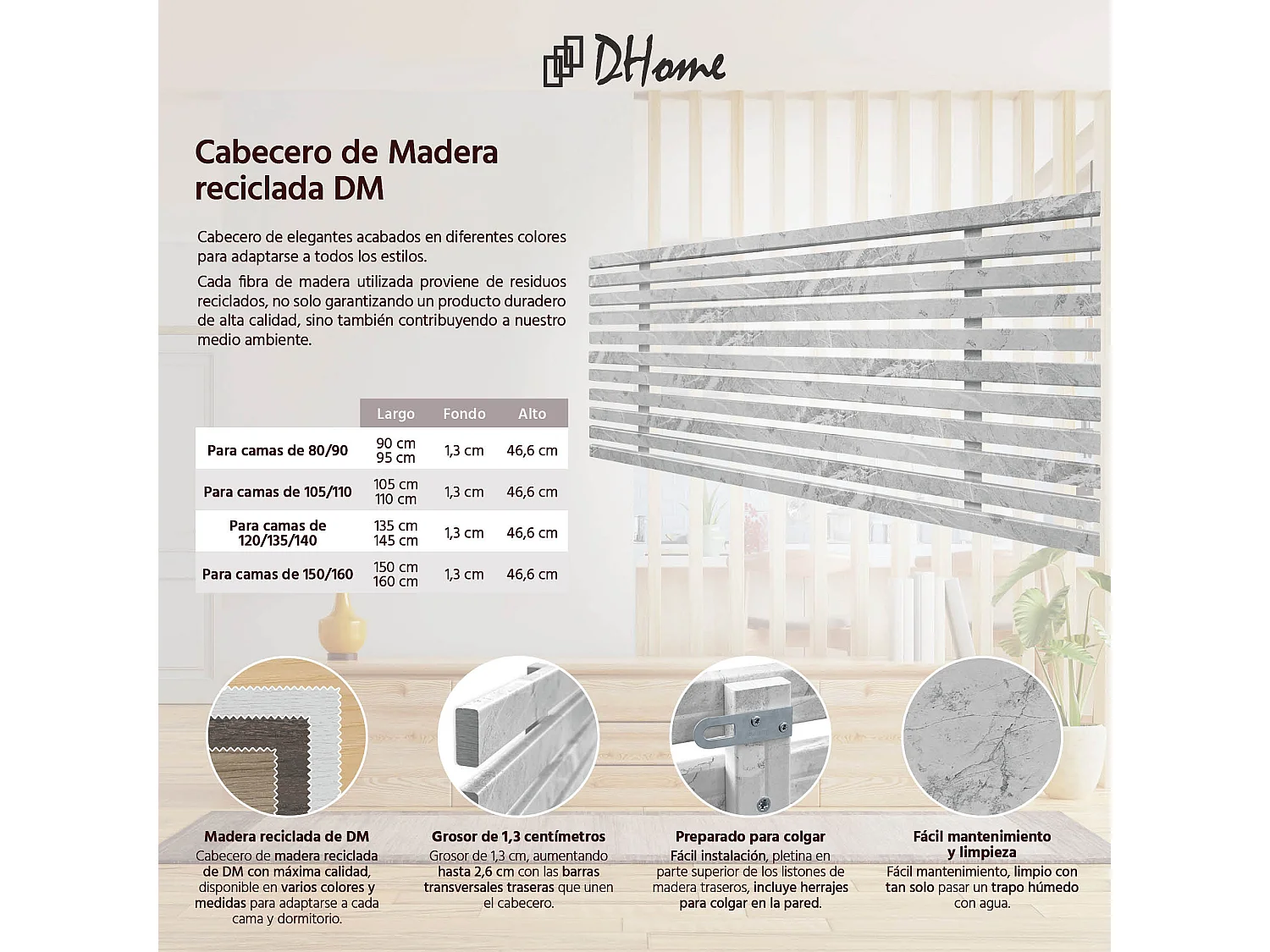 DHOME Tête de Lit Bois Recyclé Dm Style Palette Japonaise 80x46cm Lits 80/90 - Finition Marbre