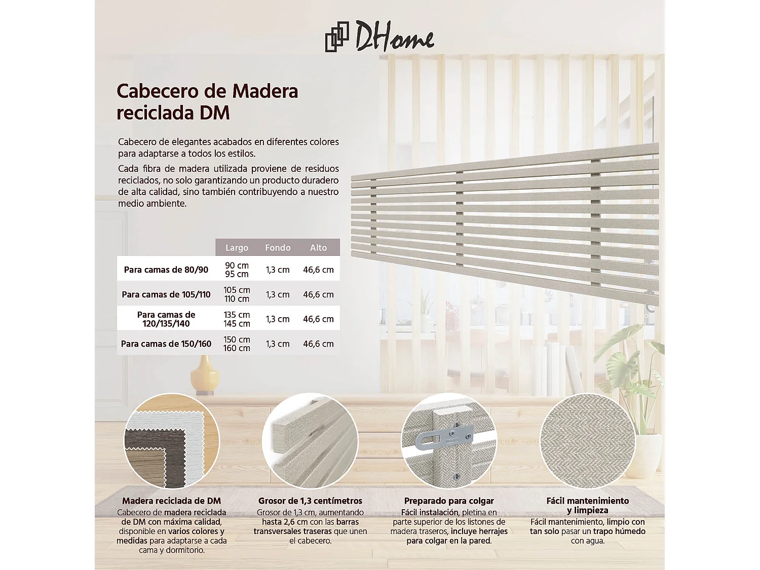 DHOME Kopfteil aus recyceltem Holz, Dm, japanischer Palettenstil, 145 x 46 cm, Bett 145 – Beige Spikes