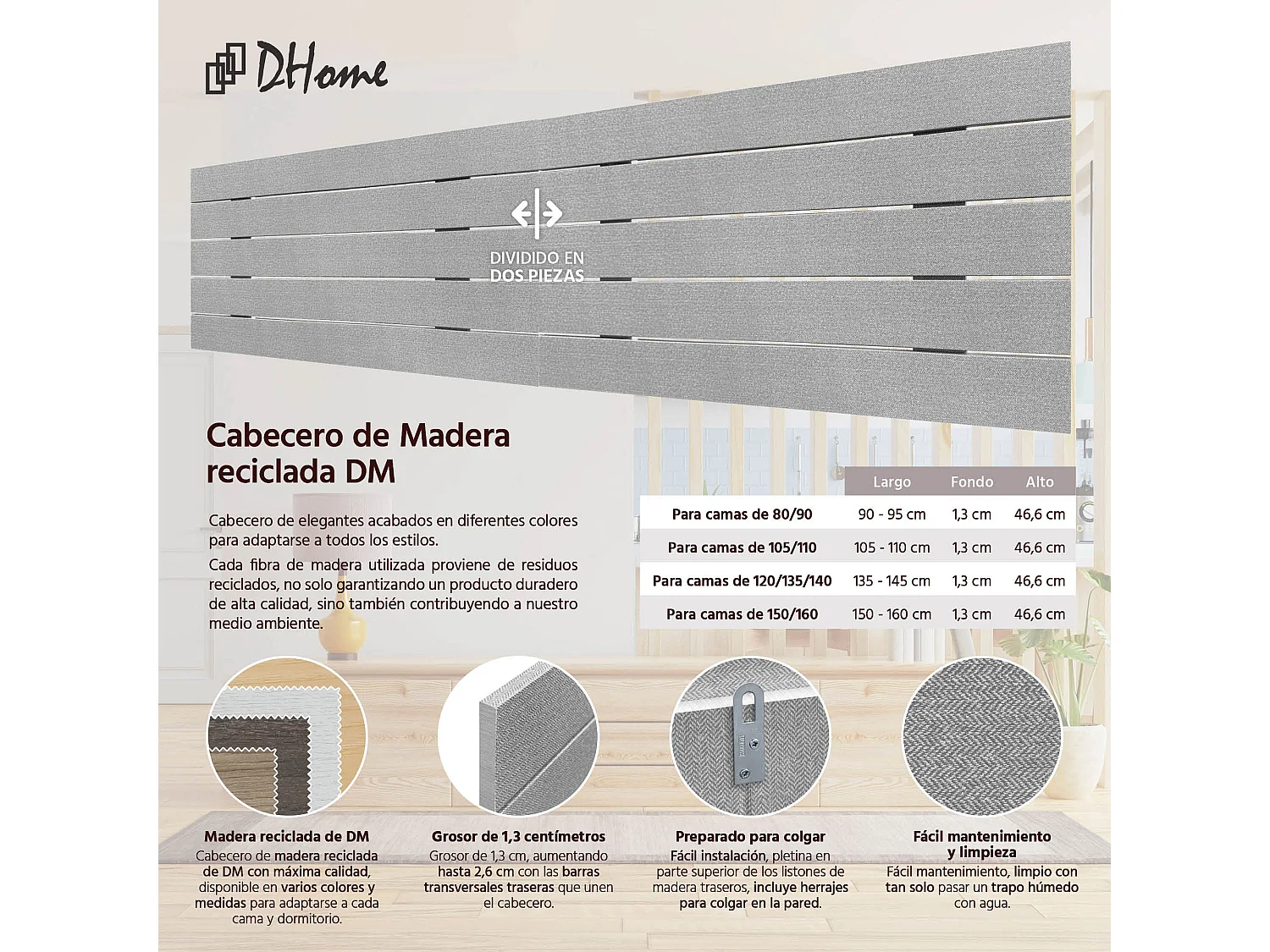 DHOME DM-hoofdeinde van gerecycled hout Dubbele Horizontale Palletstijl Verdeeld in 2 Stukken 180x46cm Bedden 180 - Grijze Spikes