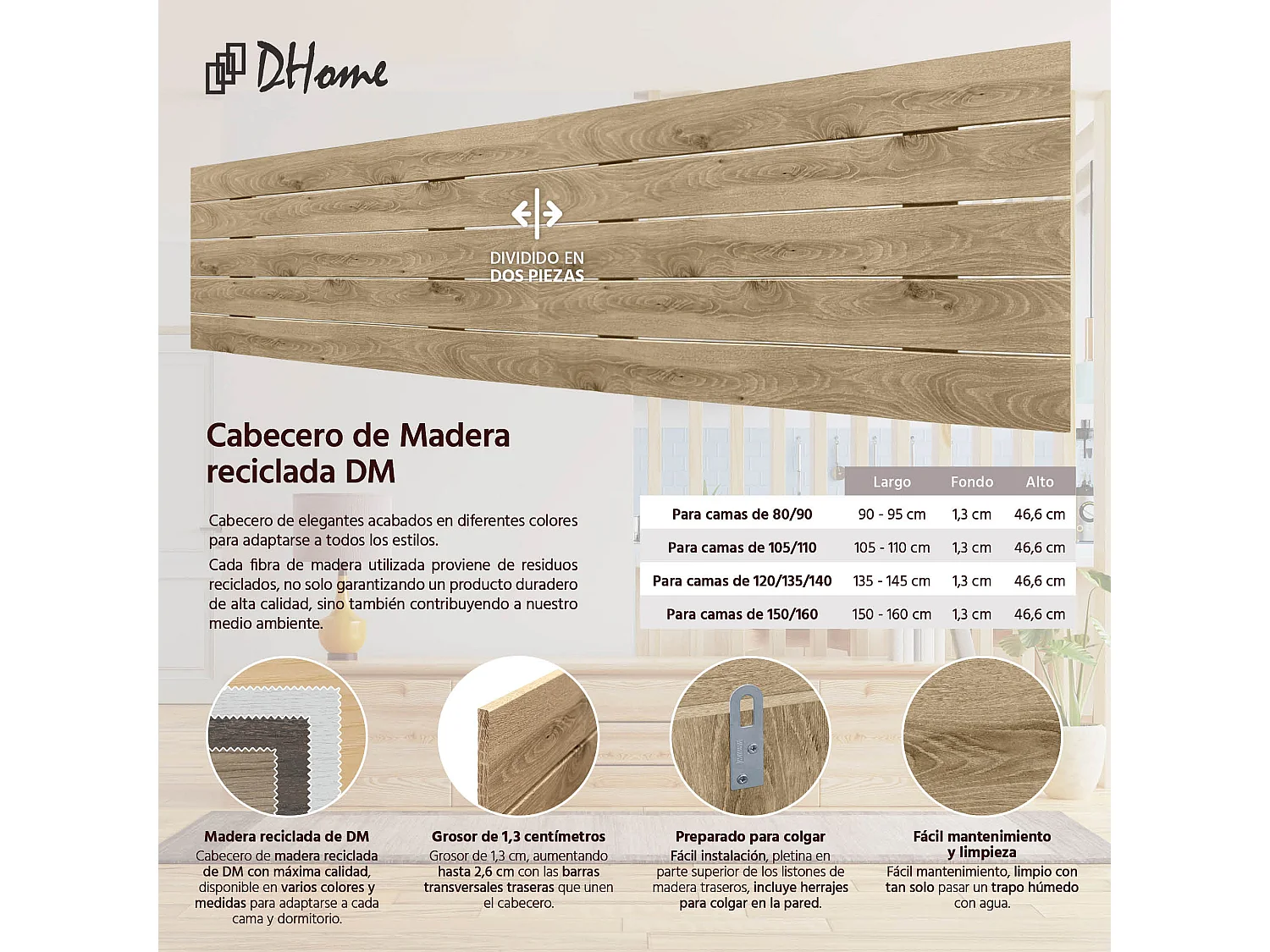 DHOME Tête de Lit en Bois DM Recyclé Double Style Palette Horizontale 190x46cm Lits 190 - Bois Cambrien