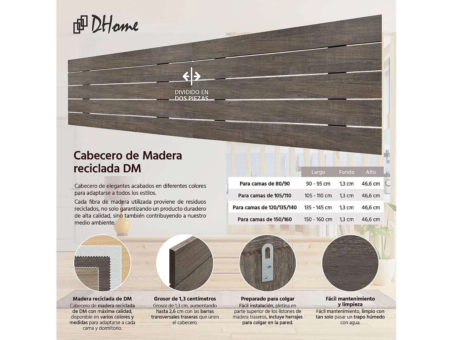 DHOME Tête de Lit en Bois DM Recyclé Double Style Palette Horizontale 220x46cm Lits 220 - Chêne d'Amazonie