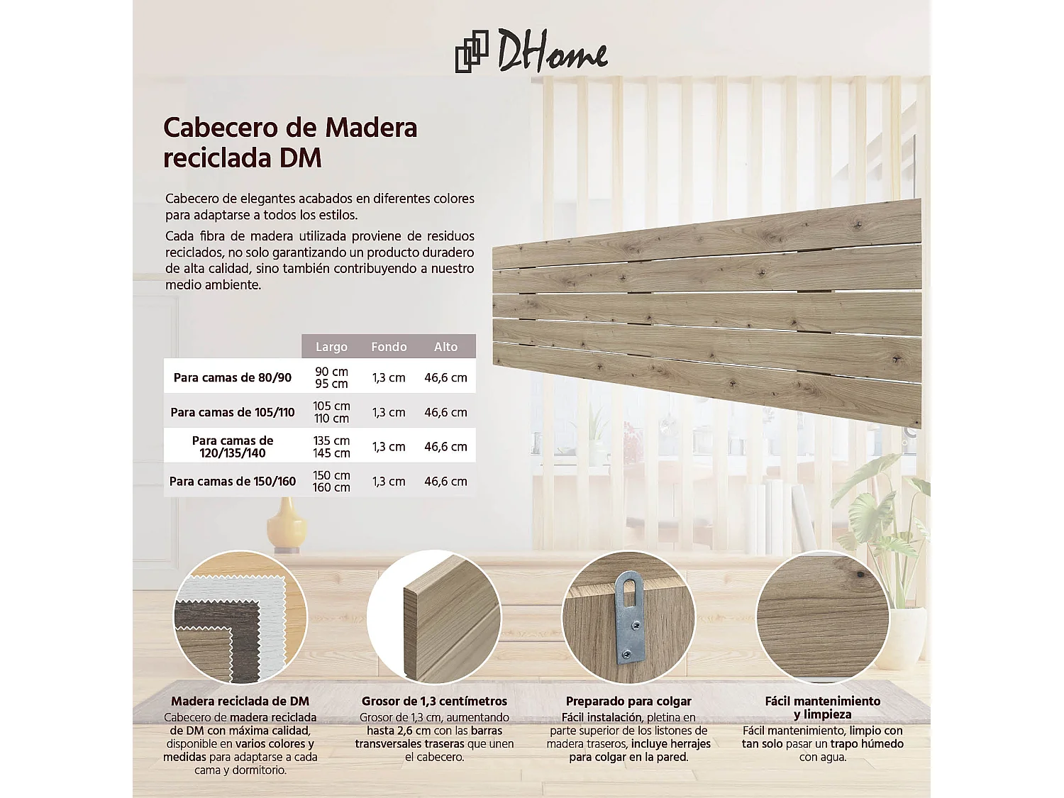 DHOME Tête de Lit Bois Recyclé Dm Style Palette Horizontale 135x46cm Lit 135 - Chêne