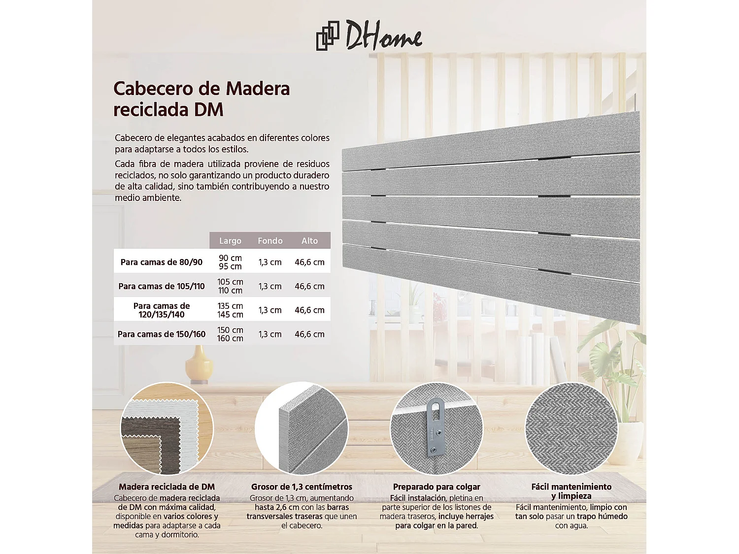 DHOME Kopfteil aus recyceltem Holz, Dm, horizontal, Palettenstil, 90 x 46 cm, Betten 80/90 – graue Spikes