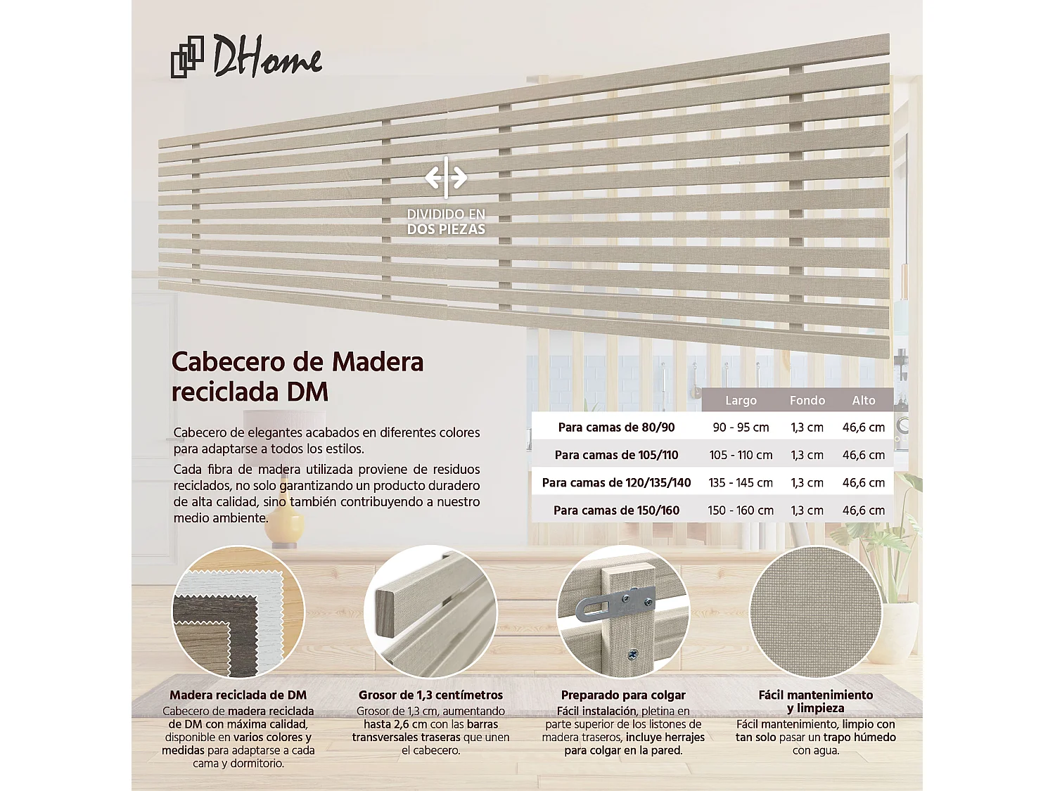 16. DHOME Tête de Lit DM Bois Recyclé Double Style Palette Japonaise Divisée en 2 Pièces 190x46cm Lits 190 - Finition Lin