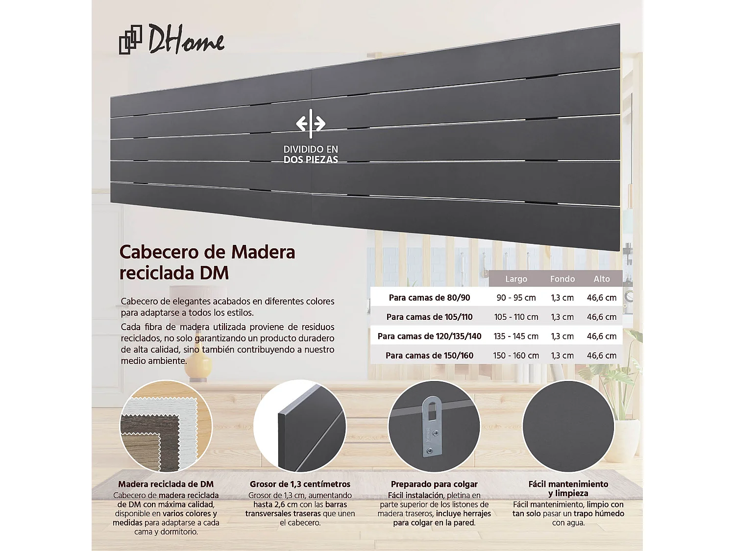 DHOME DM-Kopfteil aus recyceltem Holz, doppelter horizontaler Palettenstil, unterteilt in 2 Teile, 220 x 46 cm, Betten 220 – massives Grau