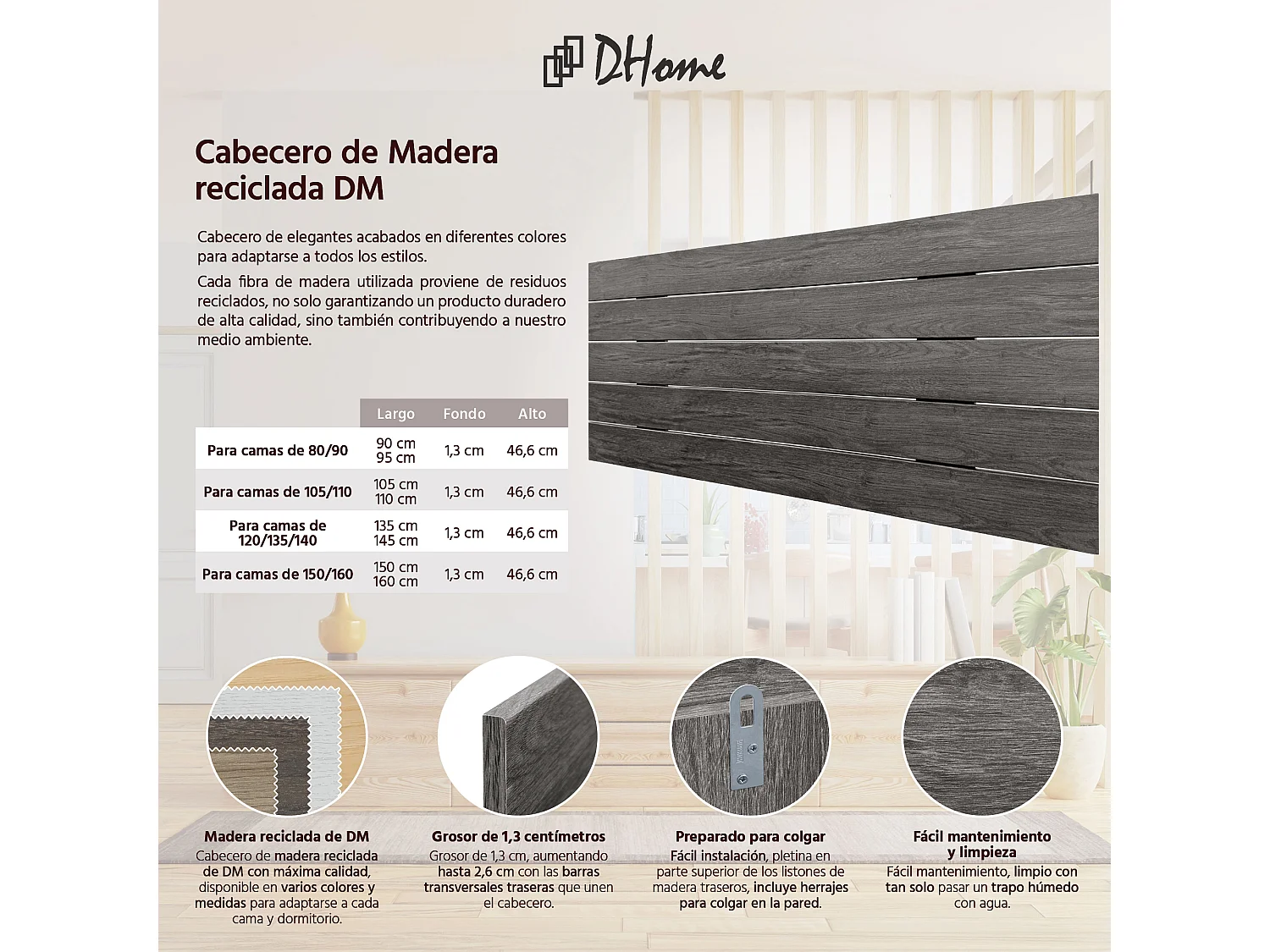 DHOME Kopfteil aus recyceltem Holz, Dm, horizontal, Palettenstil, 80 x 46 cm, Betten 80/90 – Holzasche