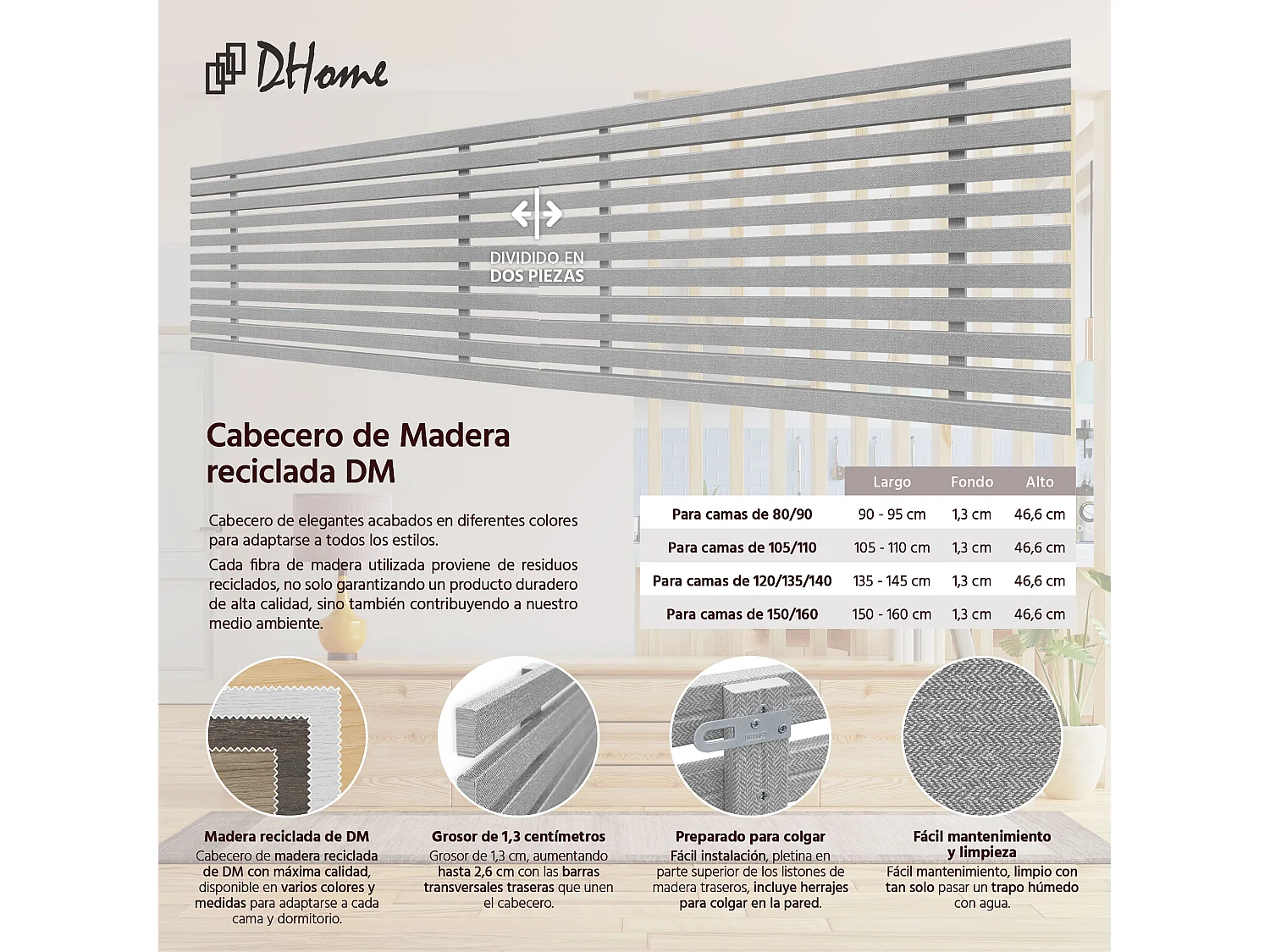 DHOME DM-Kopfteil aus recyceltem Holz, doppelter japanischer Palettenstil, unterteilt in 2 Teile, 220 x 46 cm, Betten 220 – graue Spikes