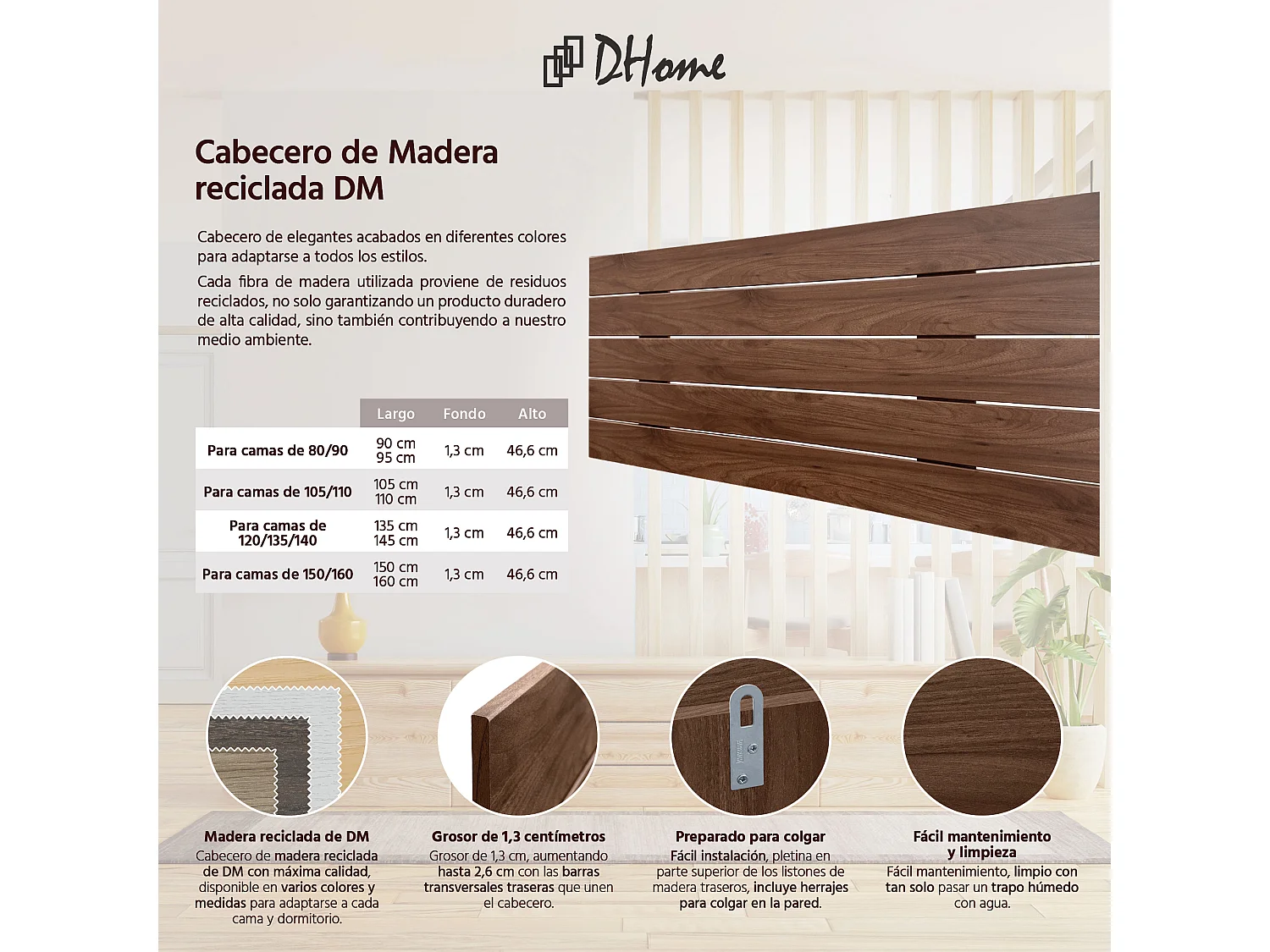 DHOME Tête de Lit Bois Recyclé Dm Style Palette Horizontale 80x46cm Lits 80/90 - Bois de Noyer