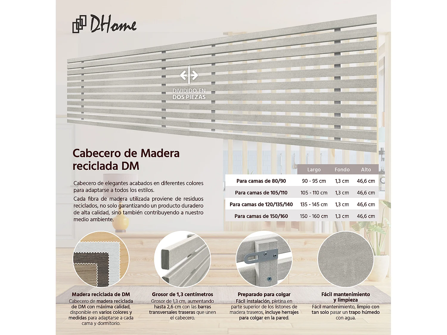 DHOME Testiera DM in legno riciclato doppio stile pallet giapponese diviso in 2 pezzi 160X46 cm letti 160 - grigio tribale