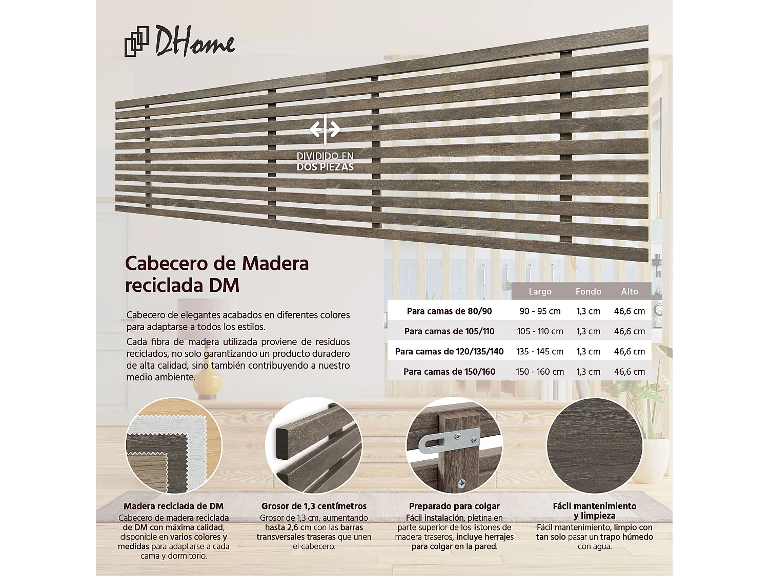 14. DHOME Tête de Lit DM Bois Recyclé Double Style Palette Japonaise Divisée en 2 Pièces 160x46cm Lits 160 - Chêne Amazone