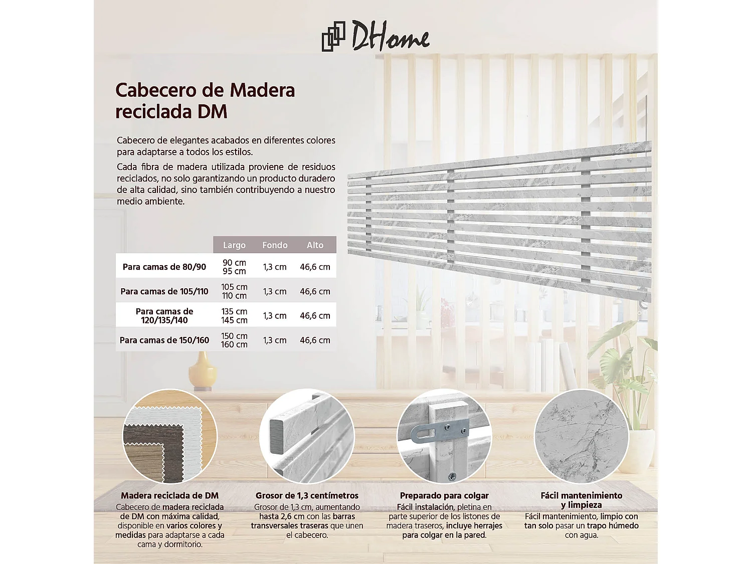 DHOME Tête de Lit Bois Recyclé Dm Style Palette Japonaise 150x46cm Lits 150/160 - Finition Marbre