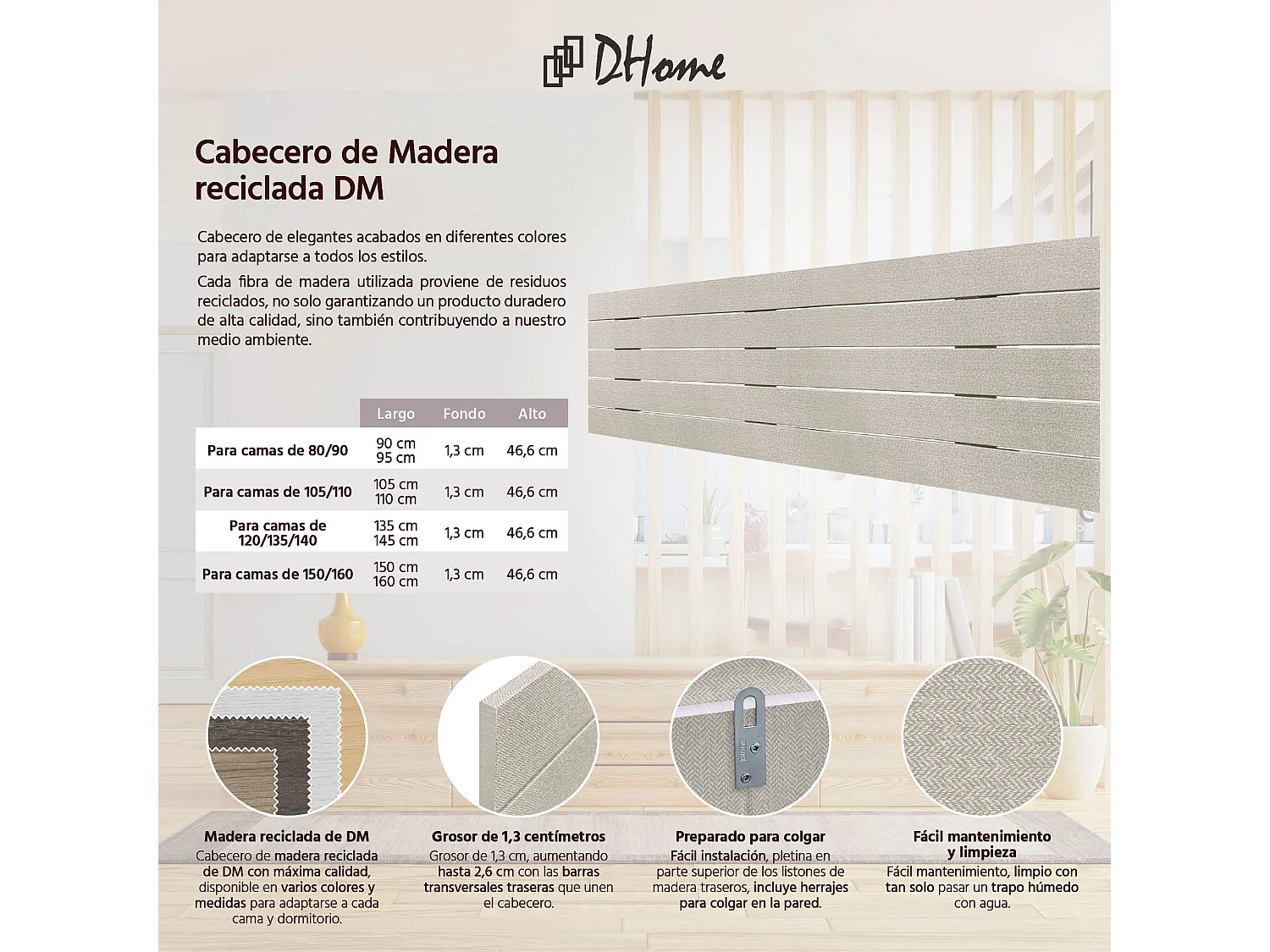 DHOME Kopfteil aus recyceltem Holz, Dm, horizontal, Palettenstil, 135 x 46 cm, Bett 135 – Beige Spikes