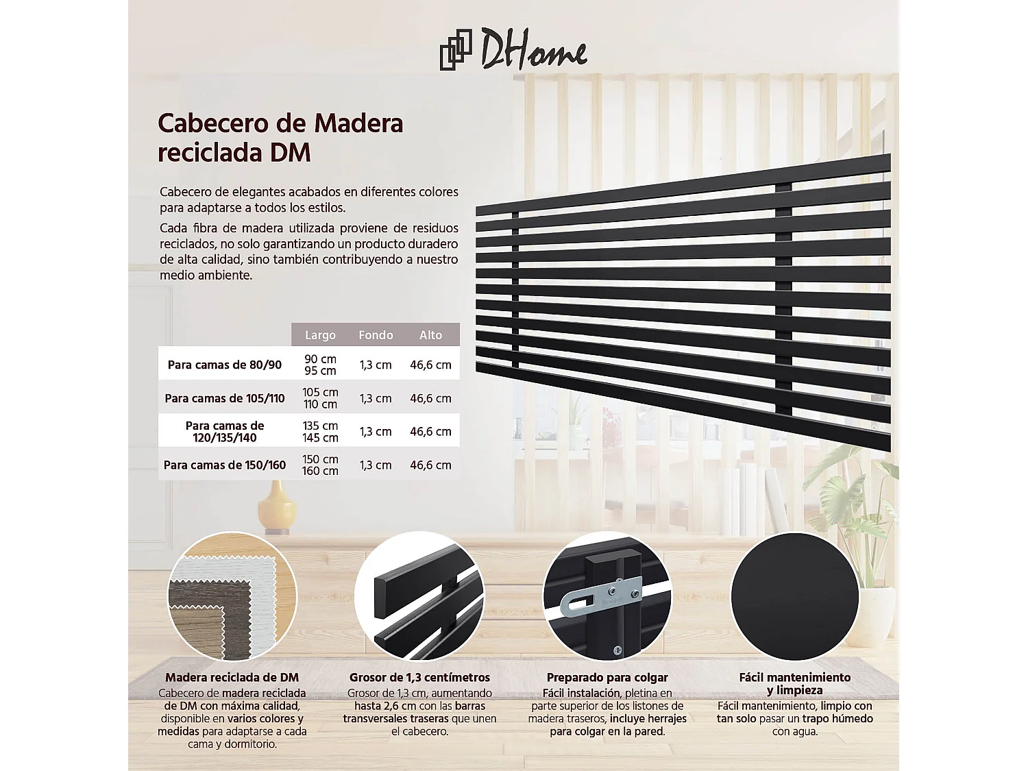 DHOME Testiera in legno riciclato Dm stile pallet giapponese 80x46 cm Letti 80/90 - Nero massiccio