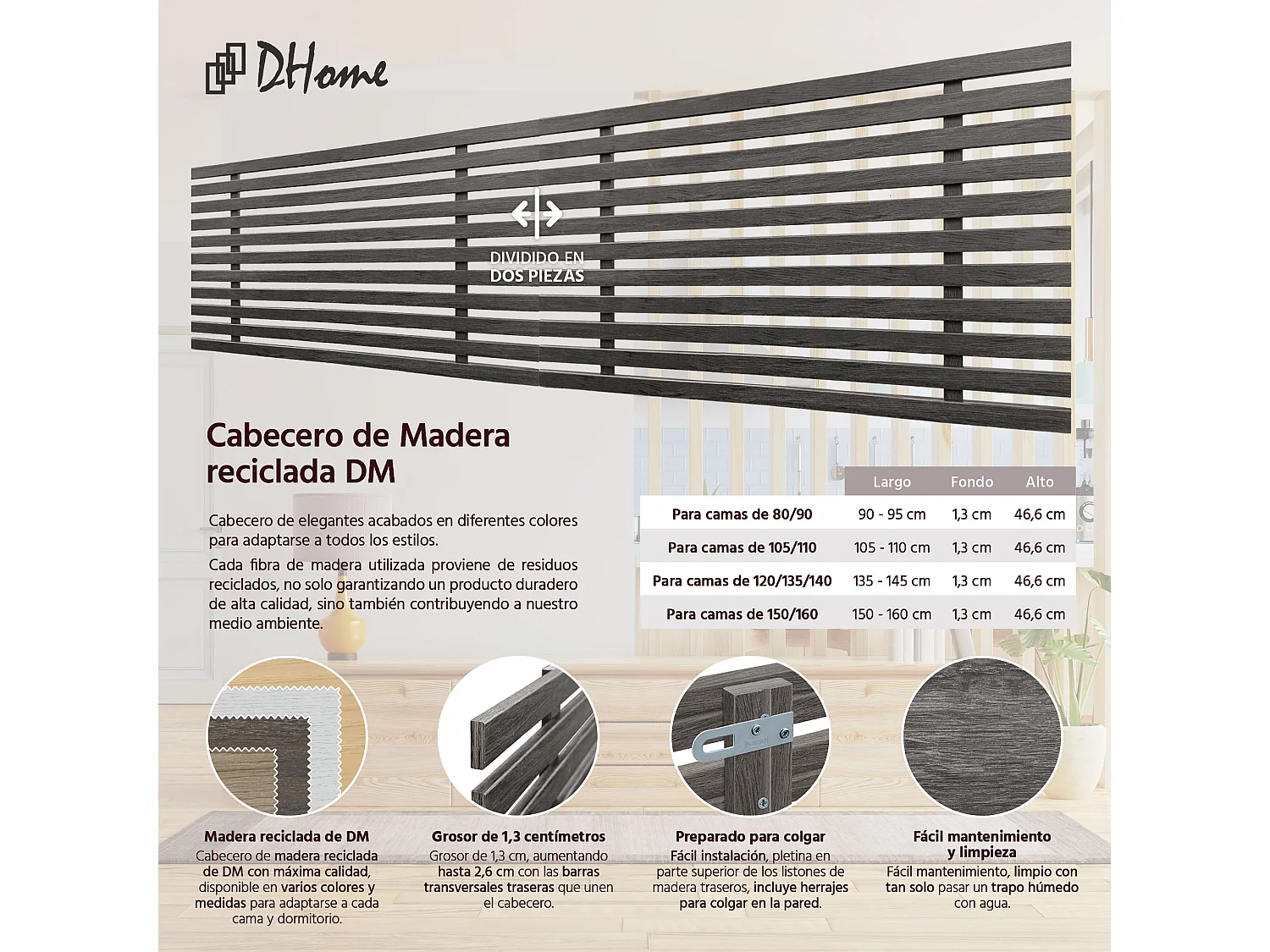 5. DHOME Tête de Lit DM Bois Recyclé Double Style Palette Japonaise Divisée en 2 Pièces 220x46cm Lits 220 - Bois Frêne