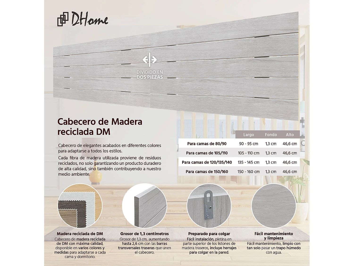 DHOME Cabeceira de Madeira Reciclada DM Estilo Palete Horizontal Dupla Dividida em 2 Peças 190x46cm Camas 190 - Ártico